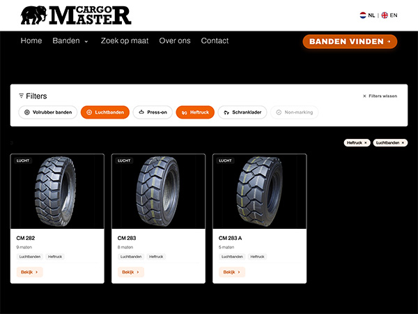 The filter with tyre sizes and mounting types on cargomaster.nl