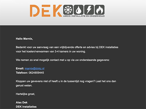 Bevestiging na het versturen, met reviews van klanten van DEK