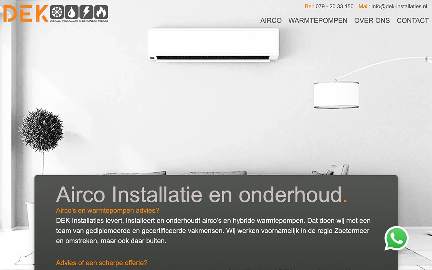 Homepage van dek-installaties.nl op desktop
