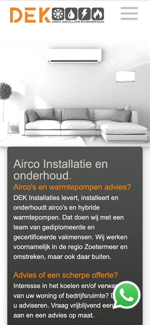 Homepage van dek-installaties.nl op een mobiele telefoon
