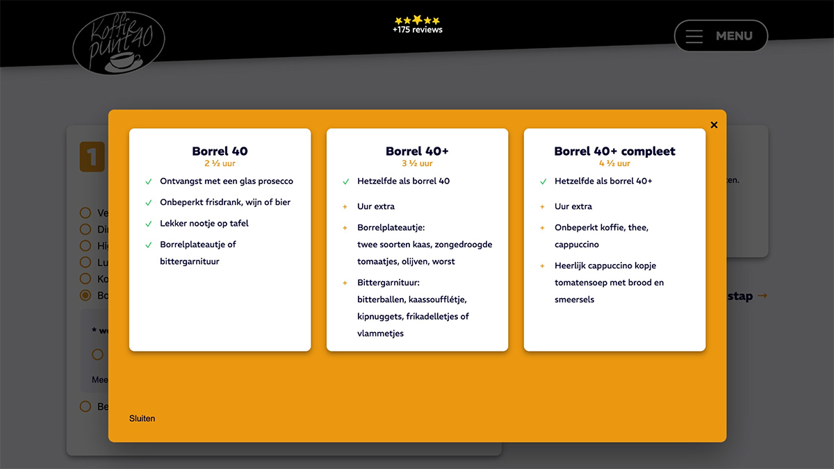 The quote form on koffiepunt40.nl, with choices for package, group size and options