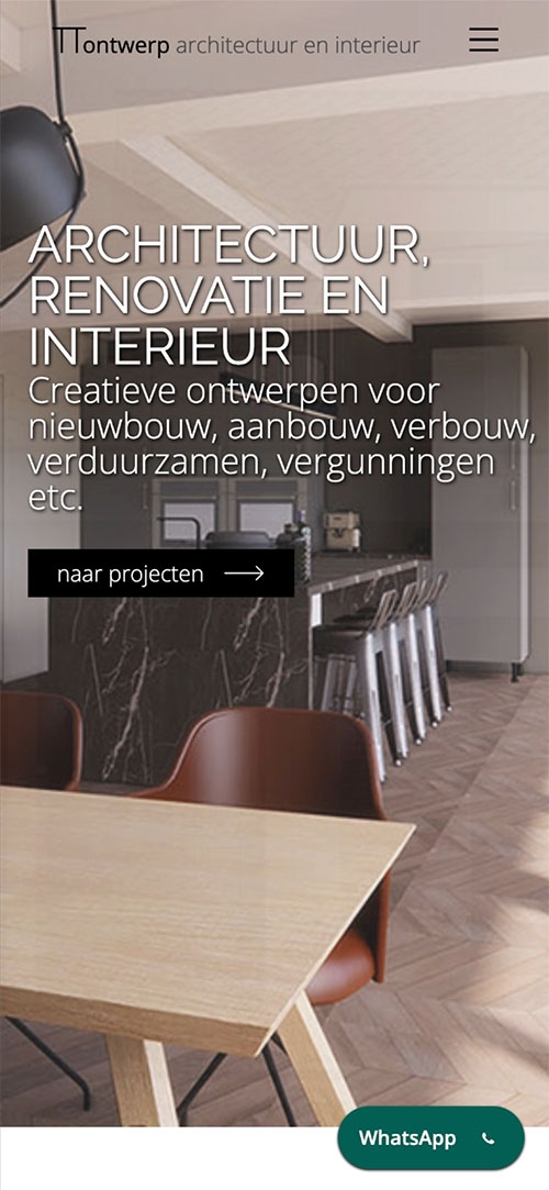 Homepage van ttontwerp.com op een mobiele telefoon
